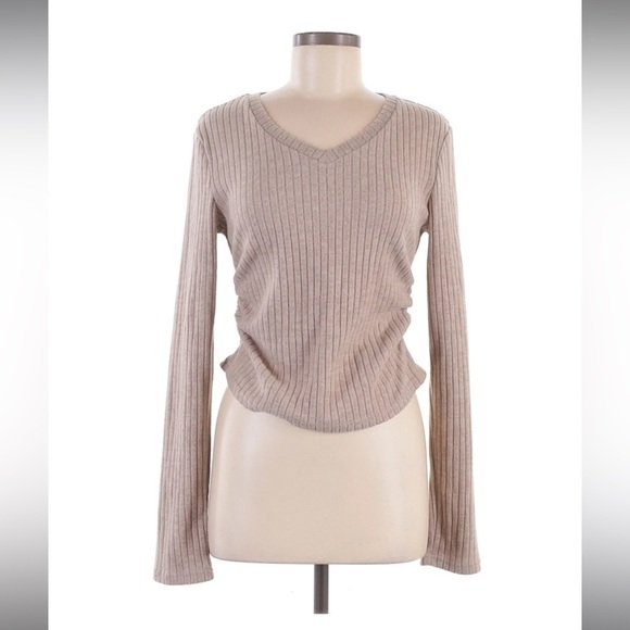 Commense Tan Brown Knit Sweater Ruched V Neck Soft Crop Stretch NWT - Picture 1 of 5